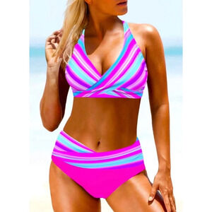 New Pink & Blue Striped Twist Front Full Coverage Bikini Sz XS